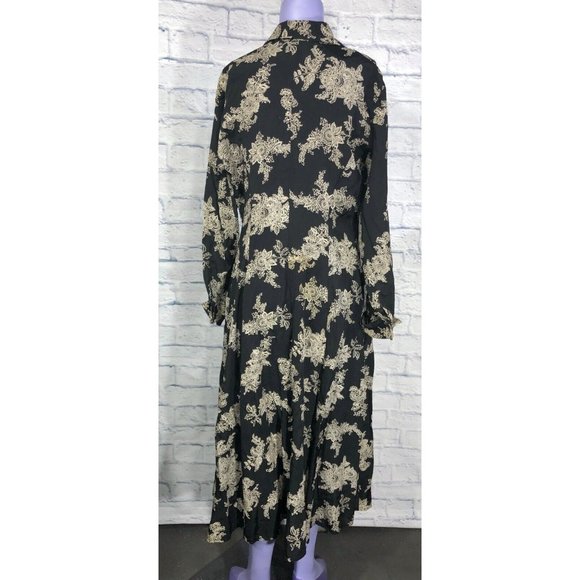 Moda Intl Long Size 6 Six Floral Boho Button Dress Rayon Made in USA Black White - Picture 2 of 12
